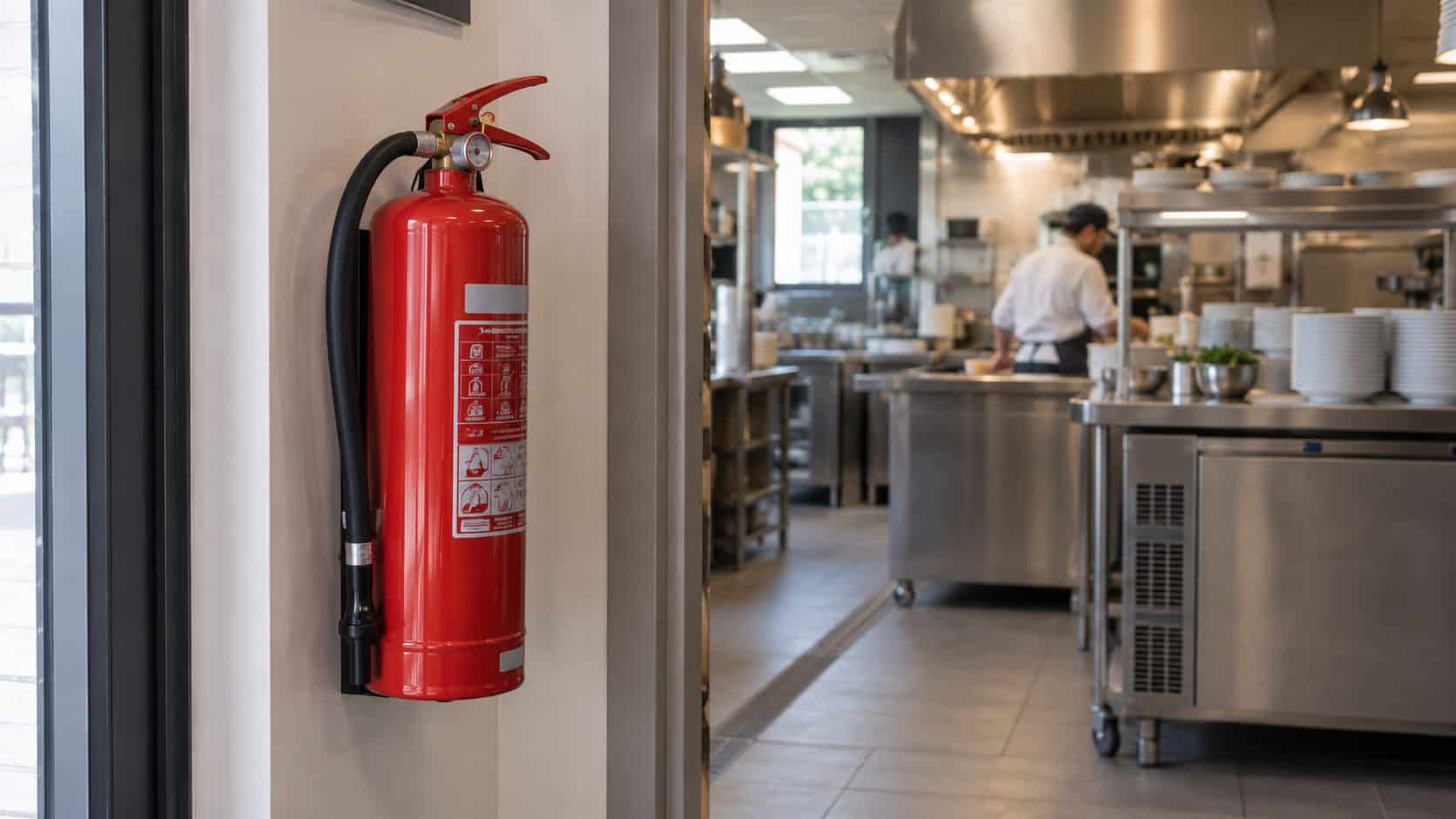 Extincteur accessible près de l’entrée d’une cuisine professionnelle
