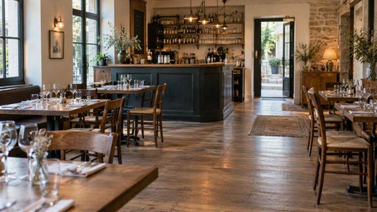 Salle de restaurant avec tables et circulations dégagées