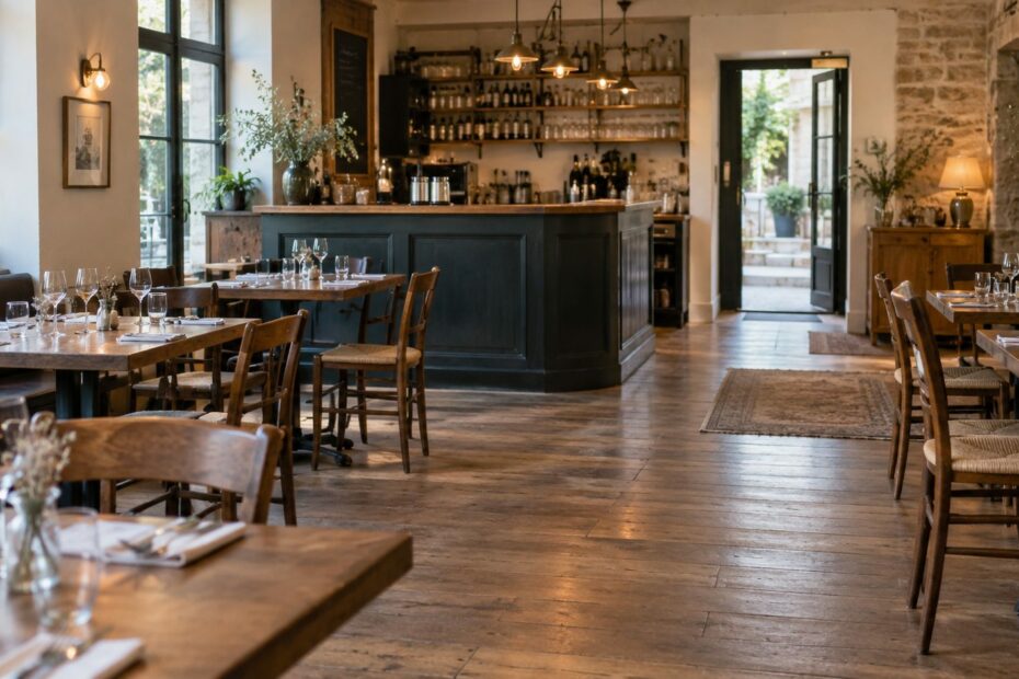 Salle de restaurant avec tables et circulations dégagées
