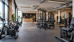 Salle de fitness avec machines et circulations dégagées