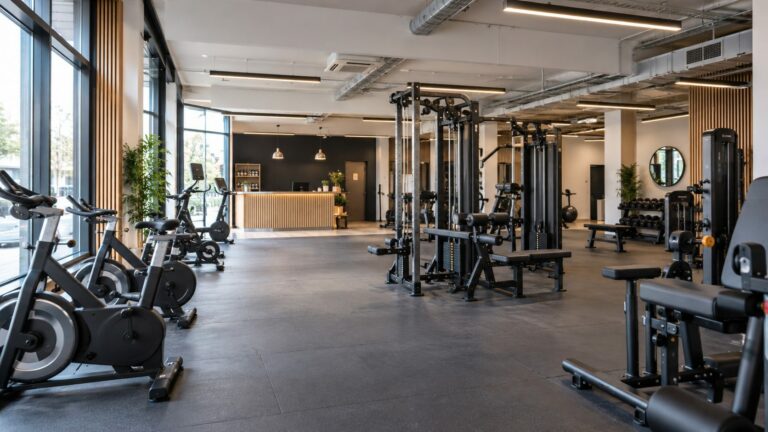 Salle de fitness avec machines et circulations dégagées
