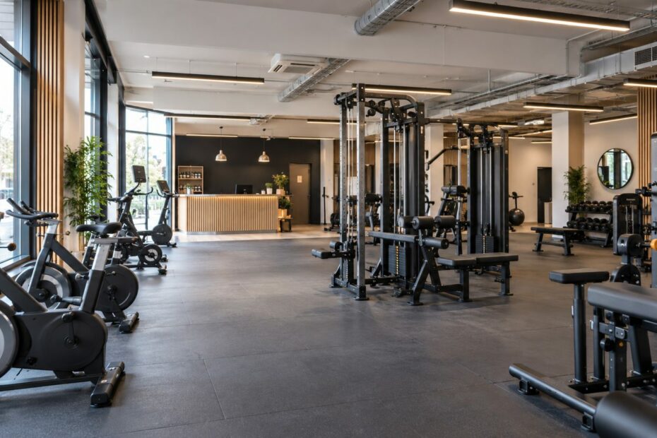 Salle de fitness avec machines et circulations dégagées