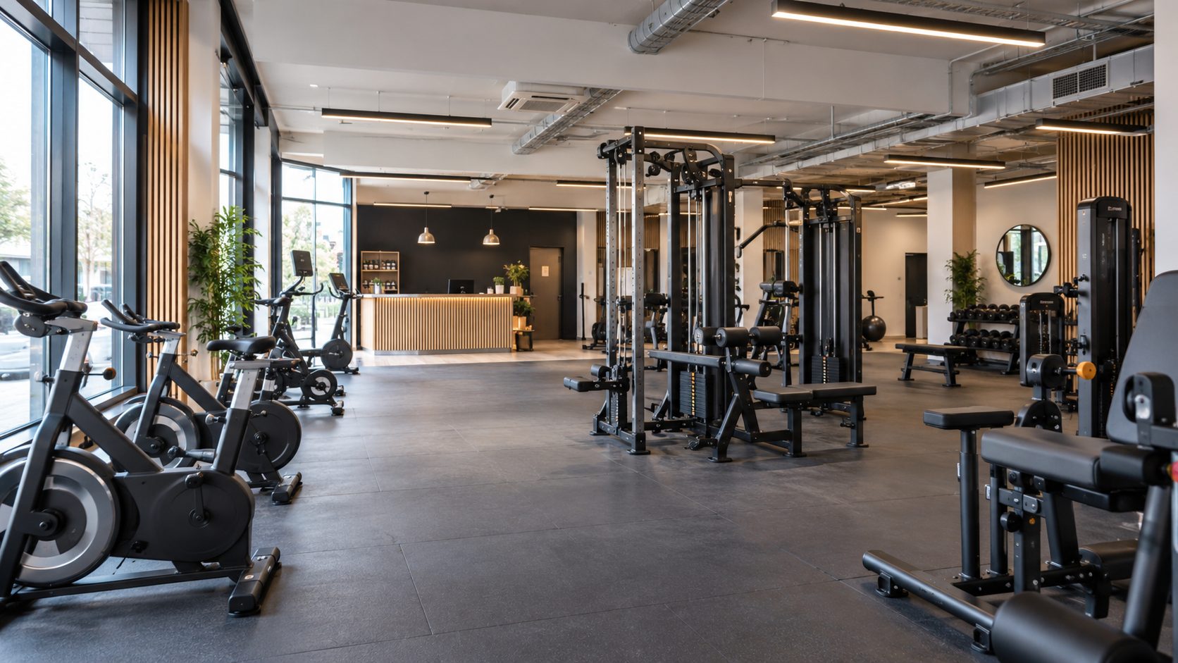 Salle de fitness avec machines et circulations dégagées