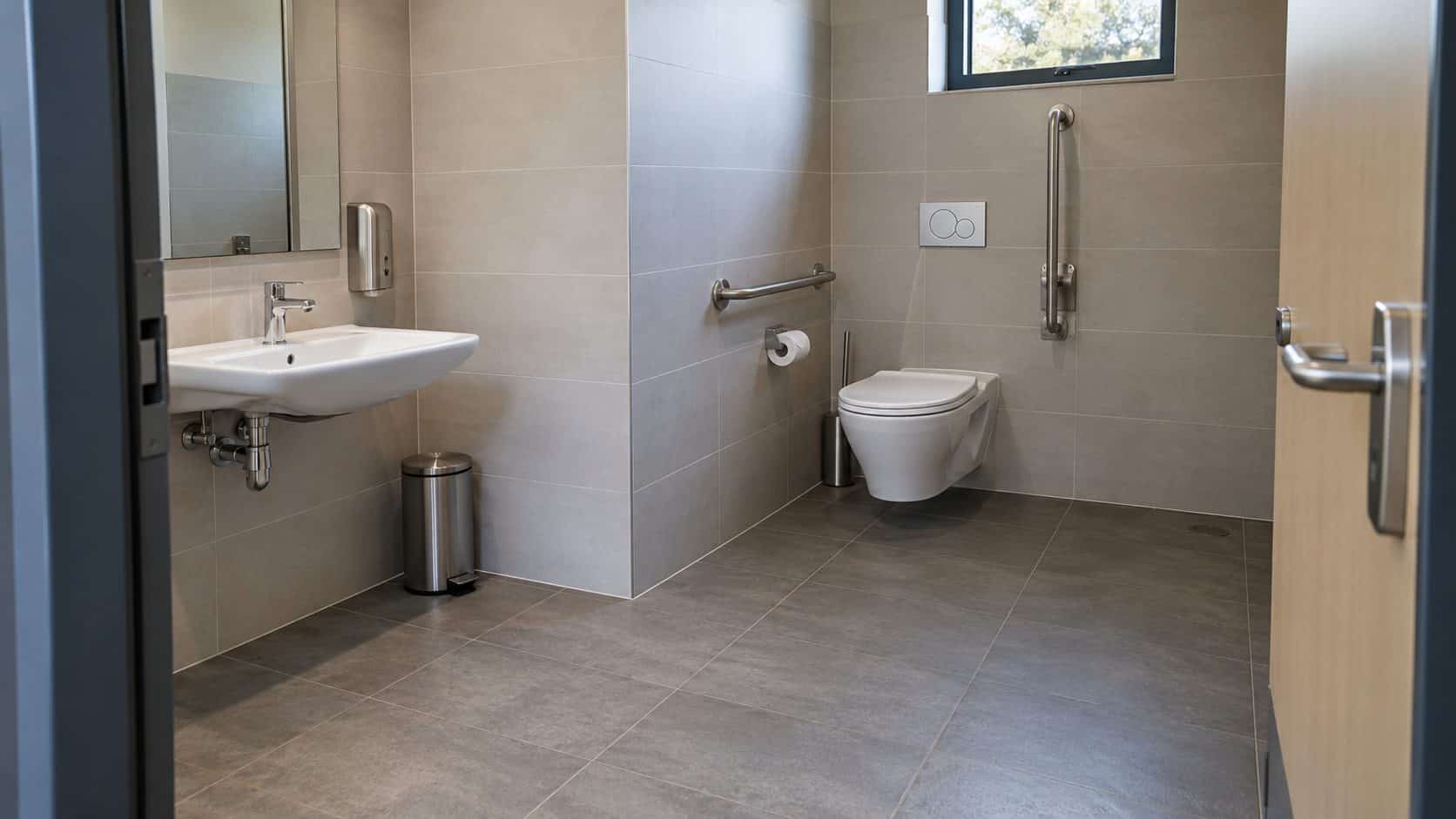 Sanitaire avec espace de manœuvre, barres d’appui et lavabo