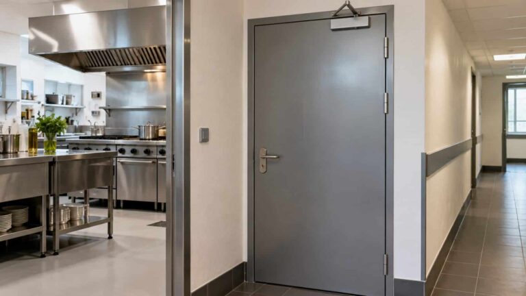 Porte et parois séparant la cuisine professionnelle de la circulation