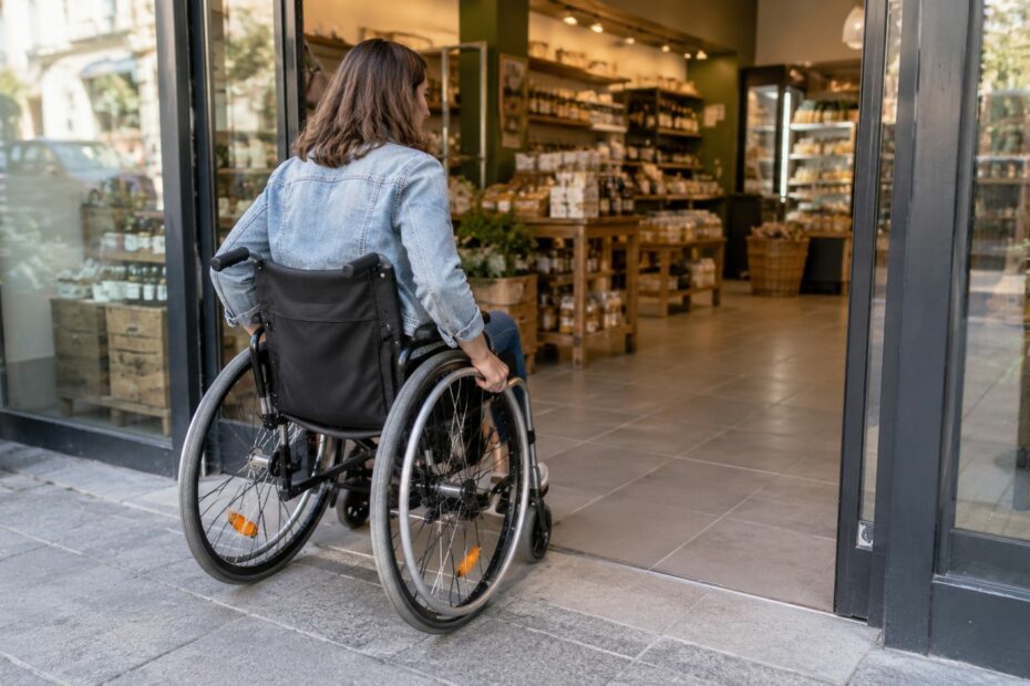 Entrée de commerce de plain-pied et circulation d’une cliente en fauteuil roulant