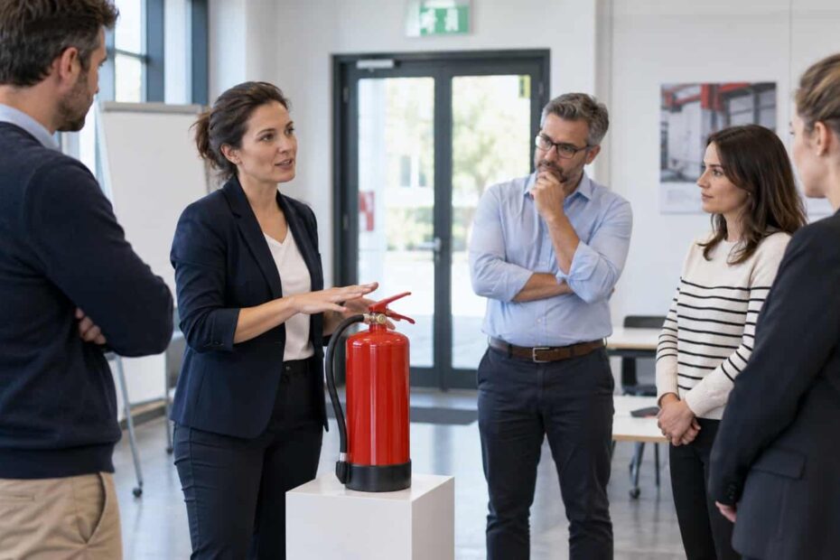 Formation à la sécurité incendie autour d’un extincteur — illustration