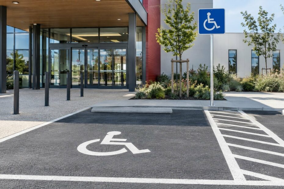 Stationnement avec signalisation d’accessibilité et bande latérale libre