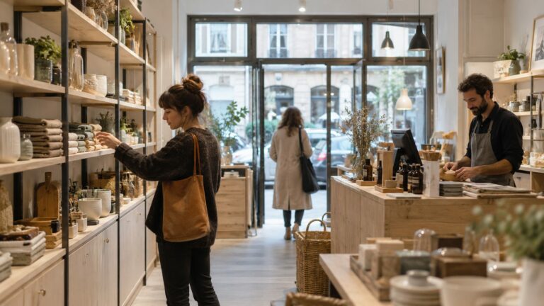 Magasin avec parcours client, rayonnages et comptoir de caisse