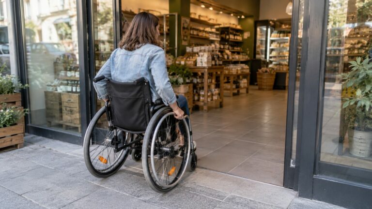 Entrée de commerce de plain-pied et circulation d’une cliente en fauteuil roulant