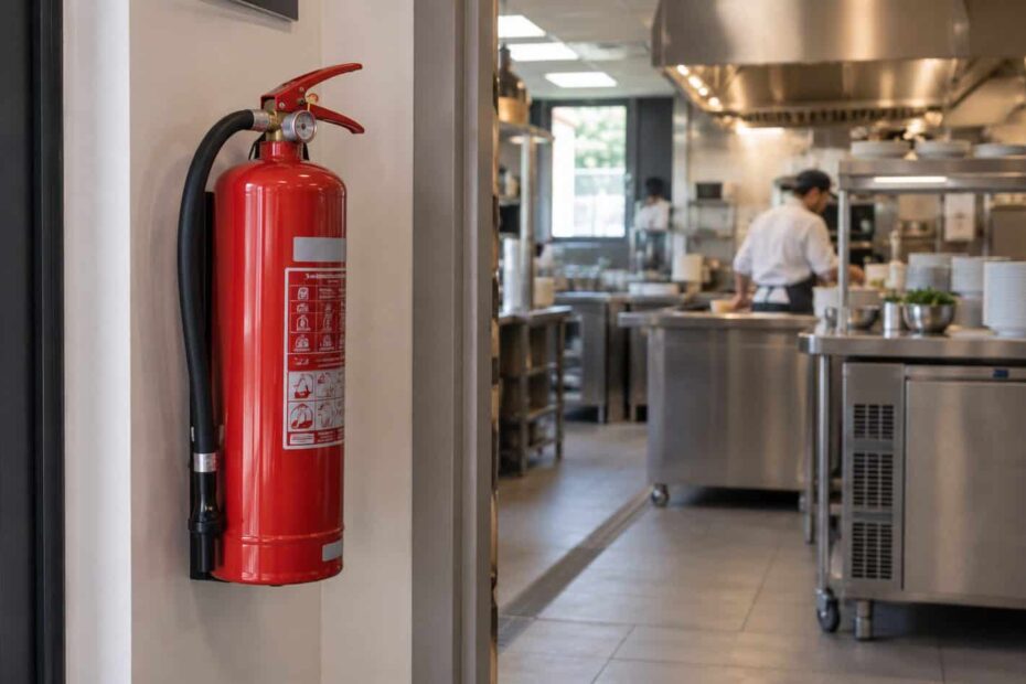 Extincteur accessible près de l’entrée d’une cuisine professionnelle