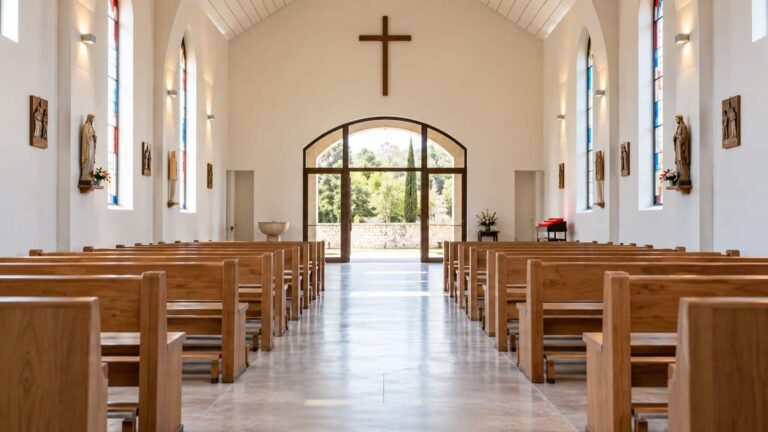 Intérieur d’un lieu de culte avec une allée centrale dégagée