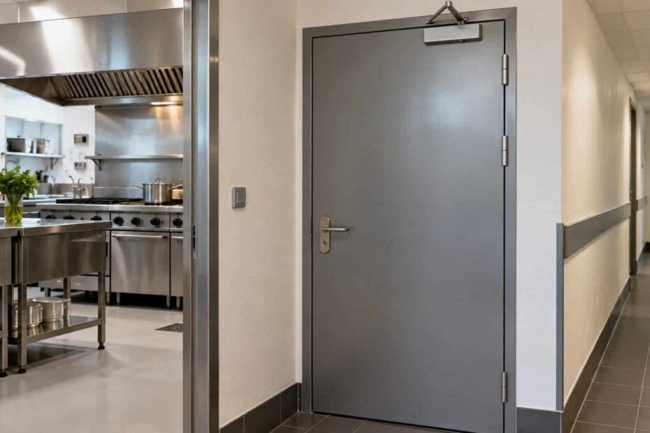 Porte et parois séparant la cuisine professionnelle de la circulation