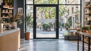 Porte d’entrée vitrée et espace de manœuvre dégagé dans un établissement