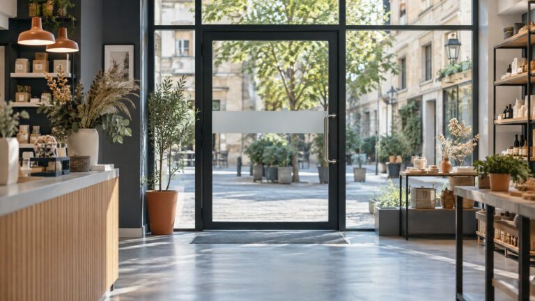 Porte d’entrée vitrée et espace de manœuvre dégagé dans un établissement