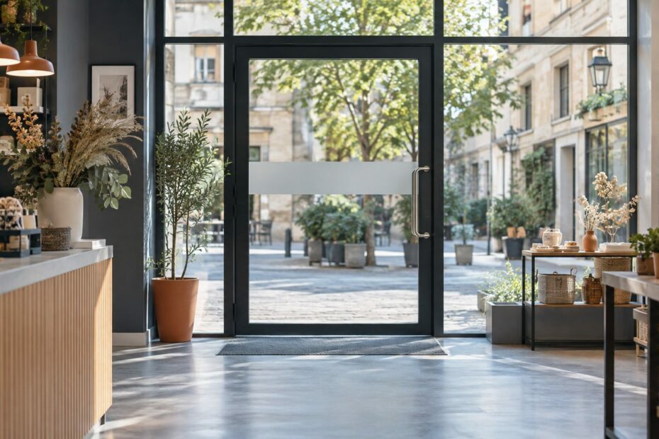 Porte d’entrée vitrée et espace de manœuvre dégagé dans un établissement