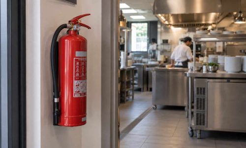 Extincteur accessible près de l’entrée d’une cuisine professionnelle